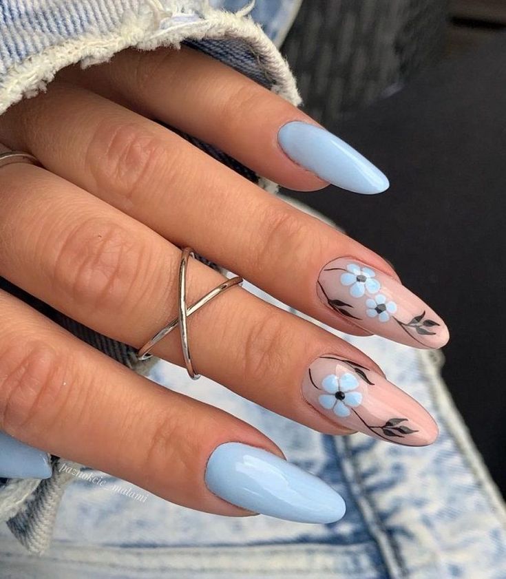 Blue Almond Nails With Flowers