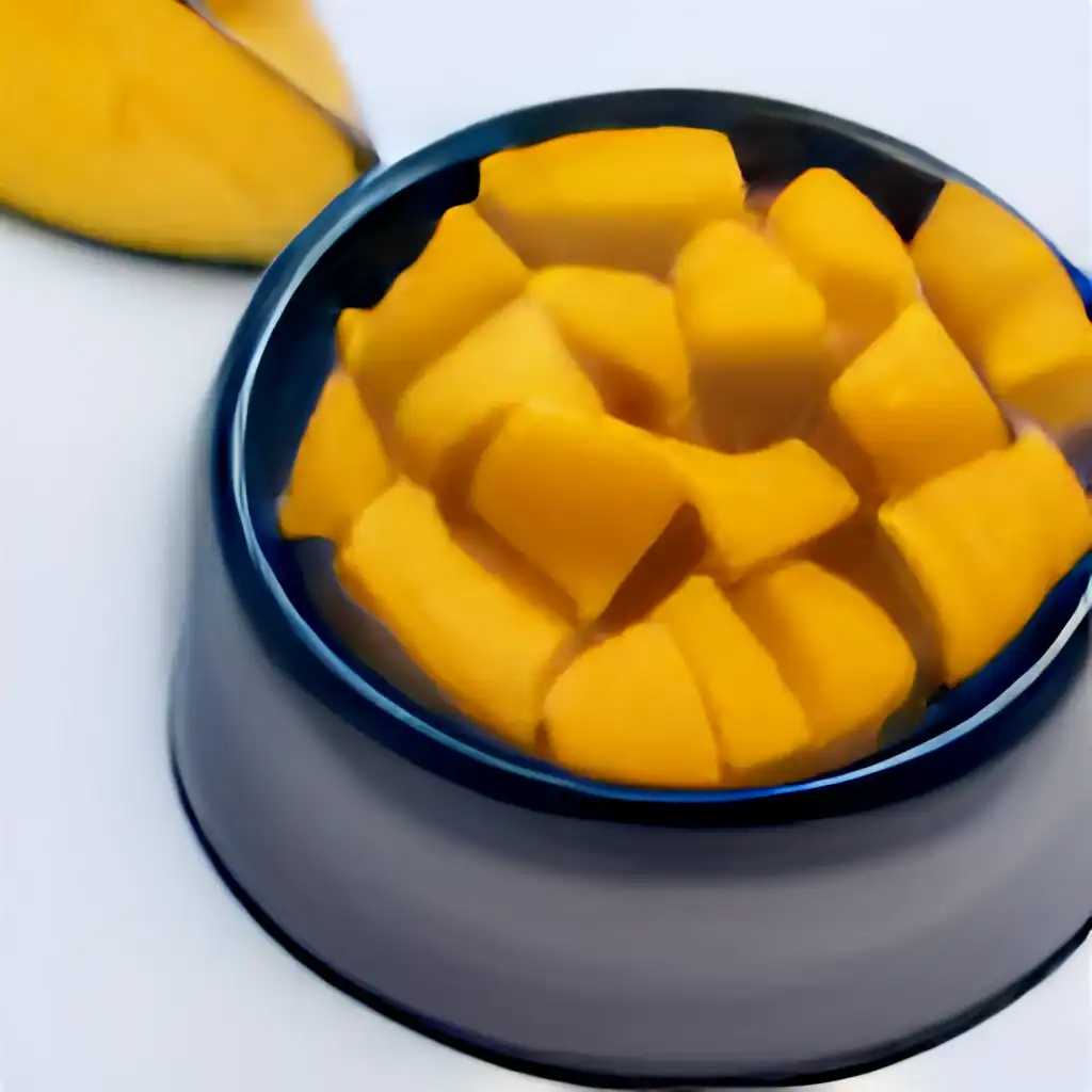 Mango pieces in dog food bowl