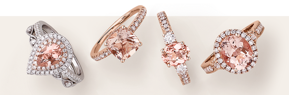 An array of morganite rings in different designs and shades